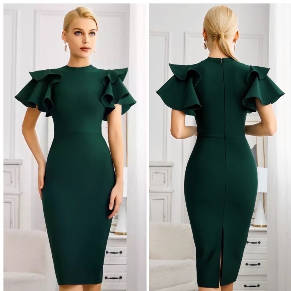 Emerald Green Ruffle Sleeve Bandage Bodycon Midi Dress XS